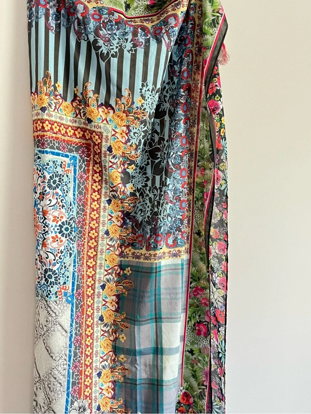 Johnny Was Multicolor Patchwork Floral Print Tassel Scarf Boho Wrap Shawl